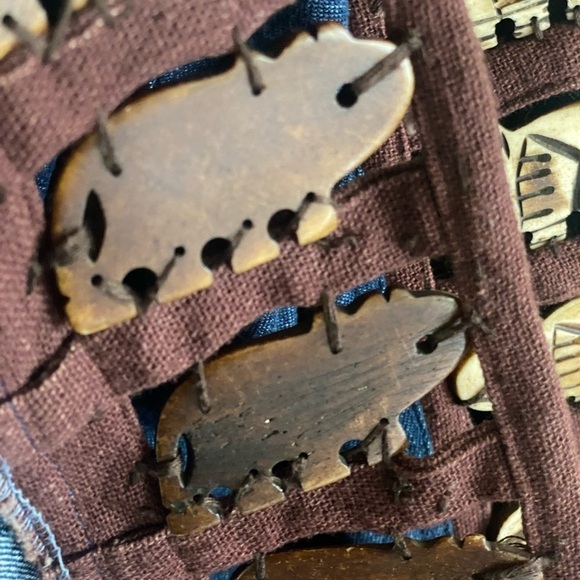 Vintage Denim Maxi Coat Wooden Elephant Bone Inserts Blue Jean Large Oversized - Picture 8 of 15